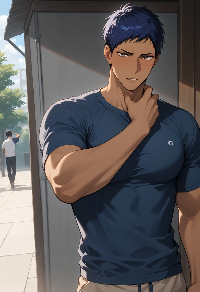 masterpiece,best quality, high detail,1boy handsome aomine daiki ,outdoor