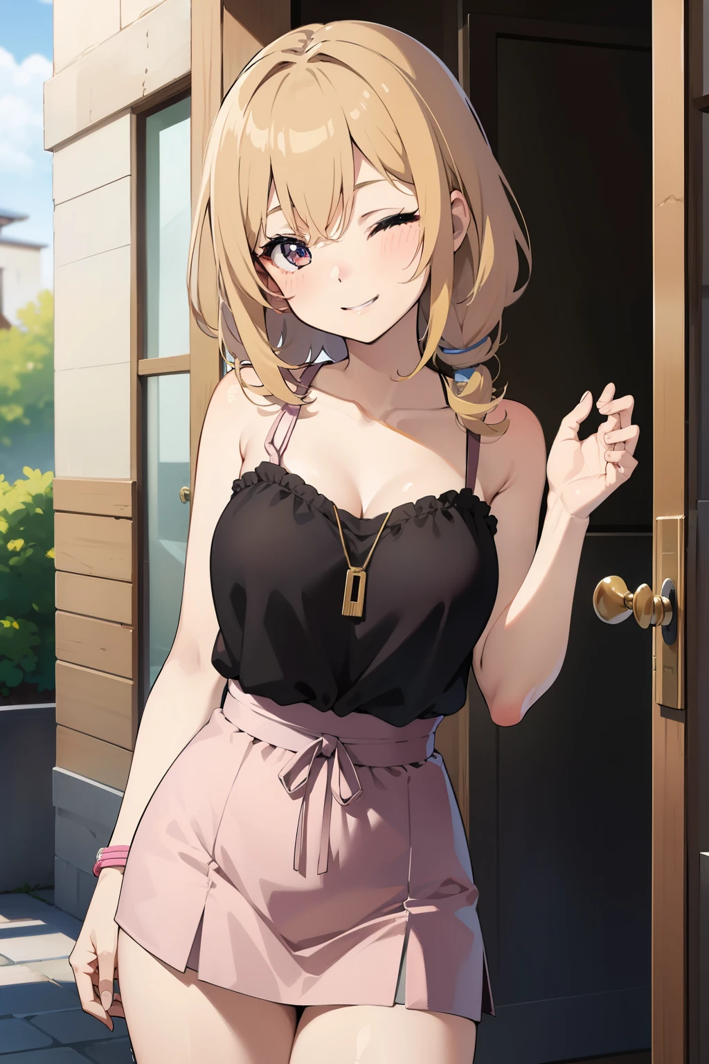 source_anime, 1girl, solo, official art, simple background,
Shinobu, butterfly hair ornament, large bust,
door, ,village
eyes closed, spoken anger vein,  smile, 
standing, 
casual wear,