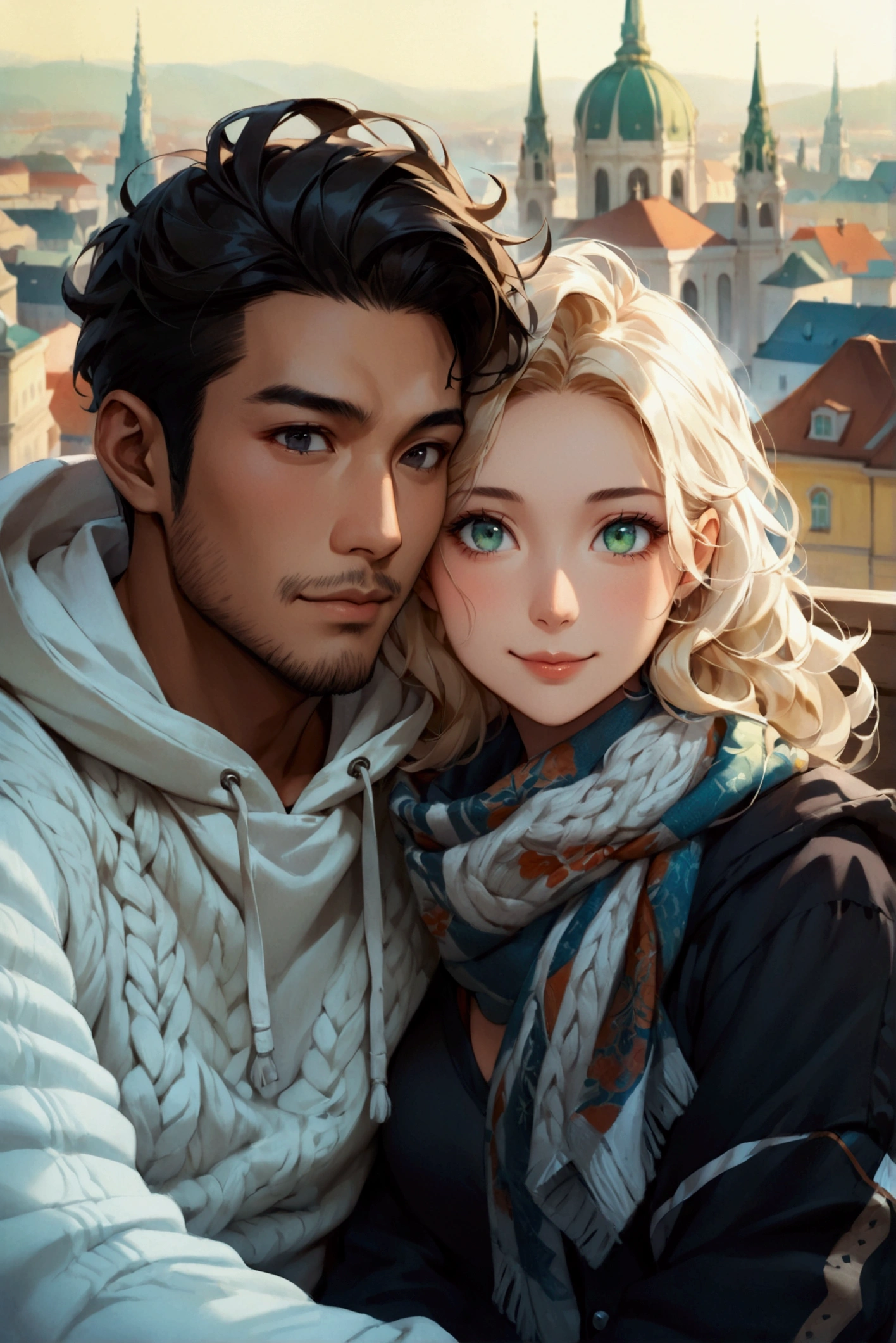 Portray a full-body shot of an international couple sitting arm in arm on a bench set against the majestic urban landscape of Vienna, Austria on background. The couple features an Asian man in his thirties and a white European woman in her twenties. The man has a strong square face, adorned with brown skin based on golden undertone, double lid downturned black eyes, low cheek bones, a prominent nose, and short coiffed black hair. He is dressed in a white hoodie covered by a stadium jacket in black. The pretty square face of his European girlfriend is defined by wide-set eyes, high cheek bones, a prominent nose, long wavy hair and fair complexity based on cool undertone. Her blonde hair is styled in loose, gentle waves, and she wears a knitted sweater paired with a crystal print scarf. ((full shot)), ((Asian man, strong square face, black eyes)), ((European woman, square face, wide-set, green eyes)), (international couple), ((wide view)), (full-body shot), highly detailed, soft lighting, vibrant colors, smile, (front view), arm in arm, ((looking away)), arm in arm, relaxing vibe