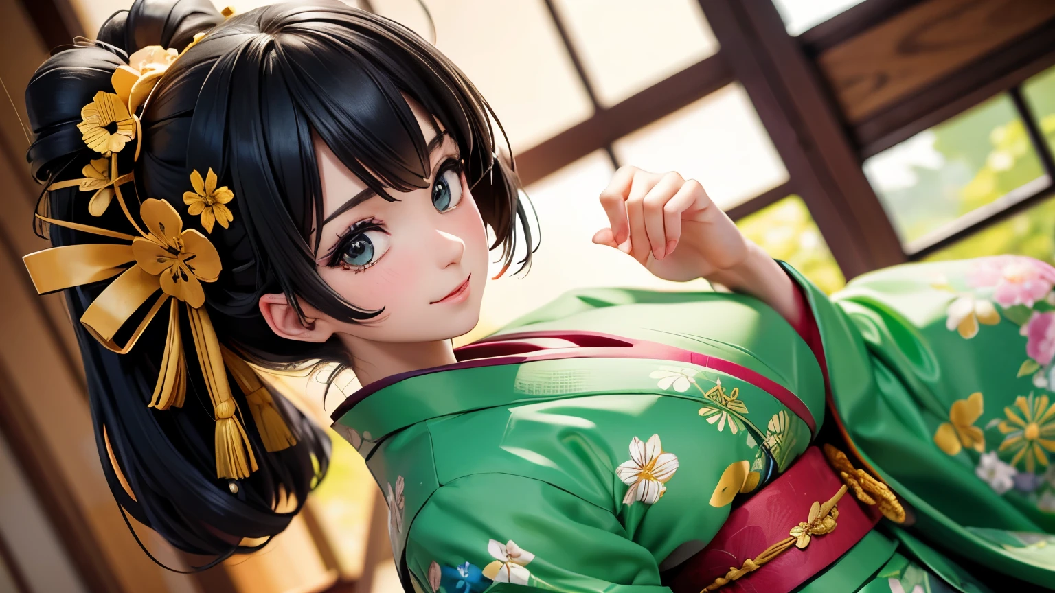 highest quality, 8K, Super detailed, photorealistic, master piece, best quality, ultra high resolution, highest quality, anime style, best writing, beautiful face, (1 girl:1.3), alone, looking at the viewer, black hair araragitsukihi, short hair, (green kimono:1.3), hair ornaments, green kimono, (Yellow band:1.3), Ahoge, egg hair ornaments,
smile, :3, (lying in a sofa:1.3), extreme close up, 15 years old