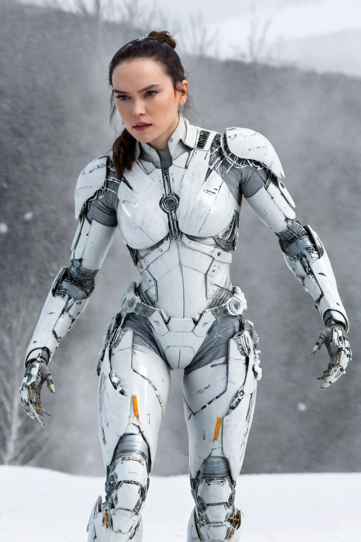 daisy ridley,(Surprised woman Cyborg trying hide face by destroying arm from over fly atached snow-Owl spirit), (epic and horror), detailed freeze clothes, ((elements of destruction on cybernetic parts)),(strong snowfall), detailed, good quality, masterpiece: full body picture from the distance: BUTT: rear backside hindquarters, BUTTOCKS: booty behind, BUTT CHEEKS: HUGE: protruding, HIPS: deep widest hip dips, LONG HIPS: OBLONG: parentheses outreaching shape, WIDE HIPS: widest