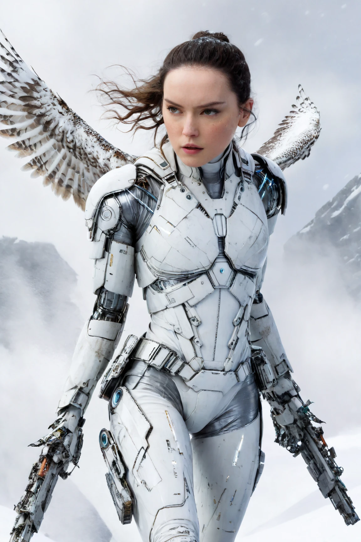 daisy ridley,(Surprised woman Cyborg trying hide face by destroying arm from over fly atached snow-Owl spirit), (epic and horror), detailed freeze clothes, ((elements of destruction on cybernetic parts)),(strong snowfall), detailed, good quality, masterpiece: full body picture from the distance: BUTT: rear backside hindquarters, BUTTOCKS: booty behind, BUTT CHEEKS: HUGE: protruding, HIPS: deep widest hip dips, LONG HIPS: OBLONG: parentheses outreaching shape, WIDE HIPS: widest