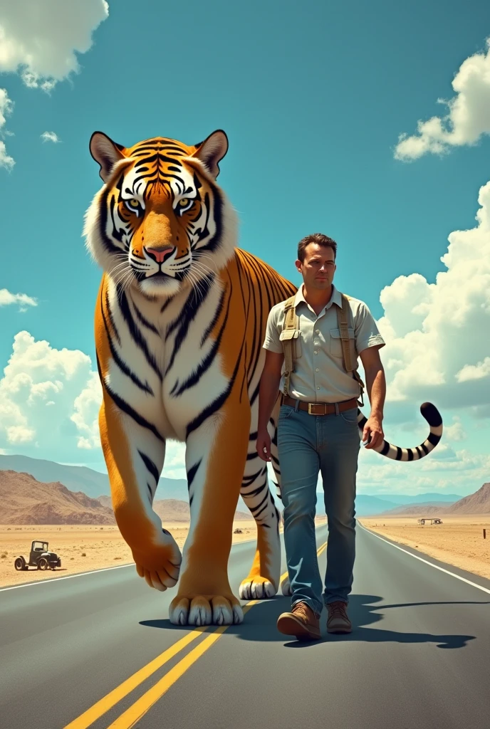 The man walks side by side with the giant tiger on the highway