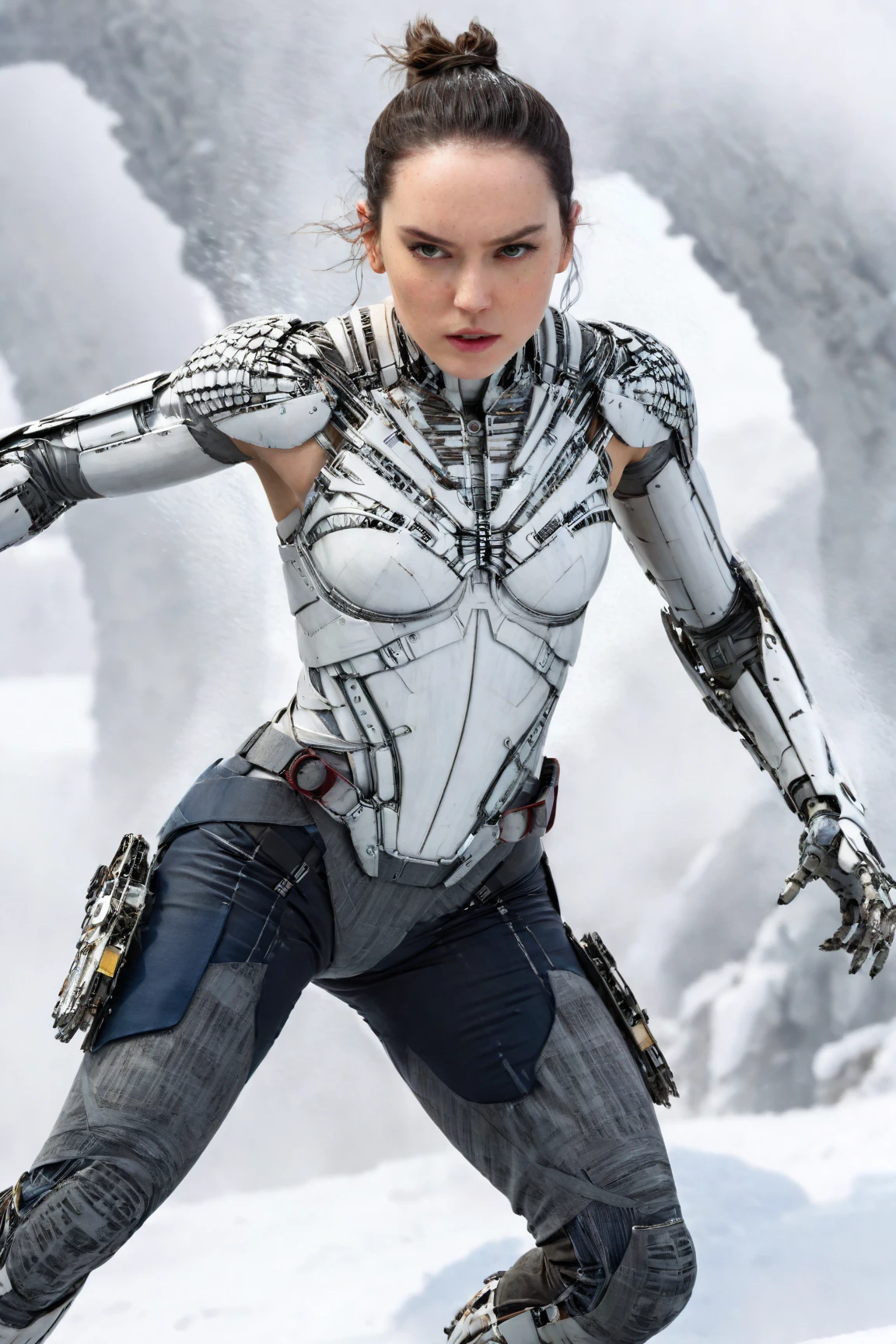 daisy ridley,(Surprised woman Cyborg trying hide face by destroying arm from over fly atached snow-Owl spirit), (epic and horror), detailed freeze clothes, ((elements of destruction on cybernetic parts)),(strong snowfall), detailed, good quality, masterpiece: full body picture from the distance: BUTT: rear backside hindquarters, BUTTOCKS: booty behind, BUTT CHEEKS: HUGE: protruding, HIPS: deep widest hip dips, LONG HIPS: OBLONG: parentheses outreaching shape, WIDE HIPS: widest