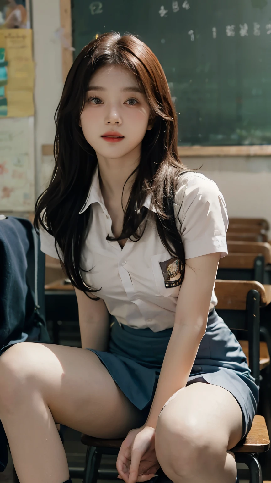 Masterpiece , Beautiful 18 Years Old ,  medium round Breast , ((exposed Cleavage)), unbuttoned clothes upper, ((Wearing High School Uniform)) , High School Skirt , White Sneakers , In Classroom ,  , ((Centre:1.1)), ((Symetric Picture:1.1)) , ((brown Hair:1.1)) , Extremely Detailed , Messy Hair, atractive poses:1.3, sitting with open-legged, knees up