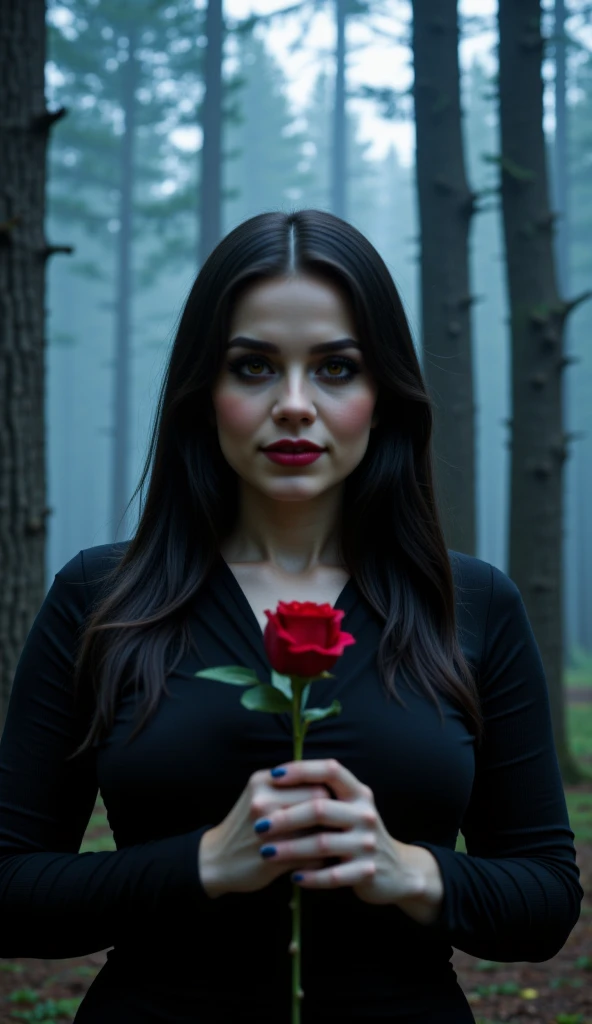 (Mysterious Fog: 1.6), (Thick Fog: 1.4) A beautiful 35 years old curvy Venezuelan woman, big breasts, long, silky straight black hair, red lips, holding a red rose in a desolate forest at midnight with a ray of light between the trees, her . Her piercing brown eyes shine with an unearthly intensity, framed by striking red highlights and dark colored makeup.i ( (Best Quality, 4k, 8k, High Resolution, Masterpiece: 1.2), Ultra Detailed, (Realistic, Photorealistic, Photorealistic: 1.37), Dramatic Lighting, Cinematic, Fantasy, Dark & ​​Gloomy Atmosphere, Dramatic Lighting, Volumetric Fog, Bright Details, Porcelain Skin, Highly Detailed Face, Chiaroscuro, Dramatic Shadows & Highlights, Dark Color Palette, Full Shot