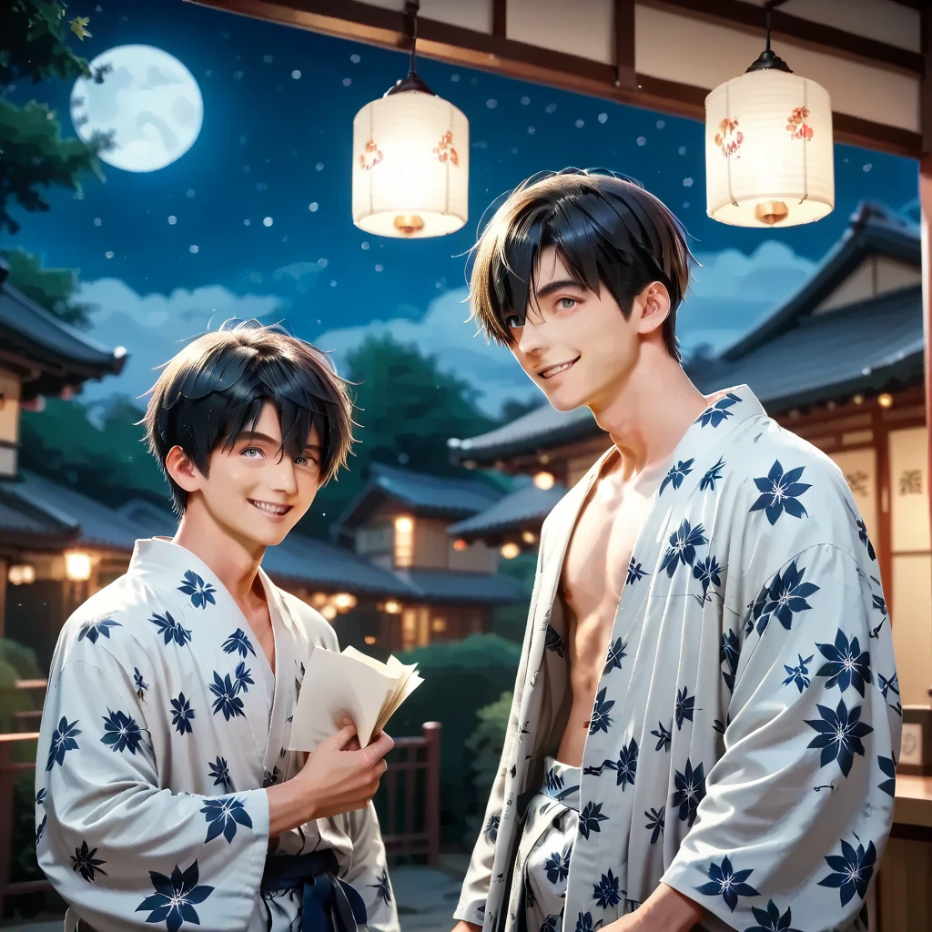 score_9, score_8_up, score_7_up, (master piece:0.9),RAW photo,2boy,Yukata,BREAK Nagi-kun  ,black hair,dark blue eye,(small:0.7)  BREAK Ether Senpai Blonde, MASH HAIR,tall,(smile:0.8),(night),paper lamp,