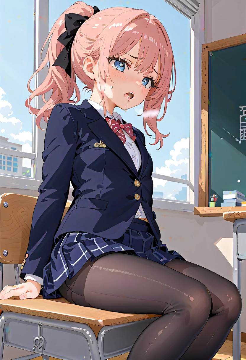 (masterpiece,beautiful,hughres,CG,8k,16k,best quality,high-resolution,detailed fingers,detailed hands,detailed legs,detailed eyes:1.5),from side,panties focus,1girl,Alone,(During class,classroom,school,School Chair:1.5),(School Chairに座る,Extend your legs on a chair:1.2),(pink hair, ponytail,school uniform,white shirt,blazer,ribbon,black tights,pleated skirt,black skirt:1.2),(white panties:1.2),small breasts,sitting,(Lean back,Lean on the back of a chair,reclining:1.1),(MASTURBATING UNDER PANTIES:1.1),(My legs:1.2),(legs up:1.1),(knees to chest:1.1),(female orgasm,pussy juice:1.3),(trembling:1.4),(gasping,heavy breathing,blush:1.5),(impatience1.1),flustered,(fidgeting around:1.4),(steam:1.2),(sweat skin:1.4),(streaming tears:1.2),drooling,(looking down:1.4),(spoken heart:1.2),(narrow one's eyes:1.6),(open mouth)