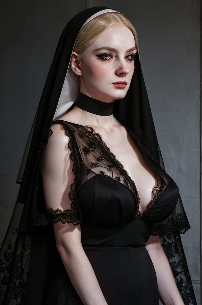 a woman pretty, blonde, slicked back ,black lace sheer dress , blonde hair ,wearing nun veil, big breast,, pale skin , eyeliner ,foxy eyeliner , Caravaggio's paintings、Chiaroscuro of Caravaggio , simple background