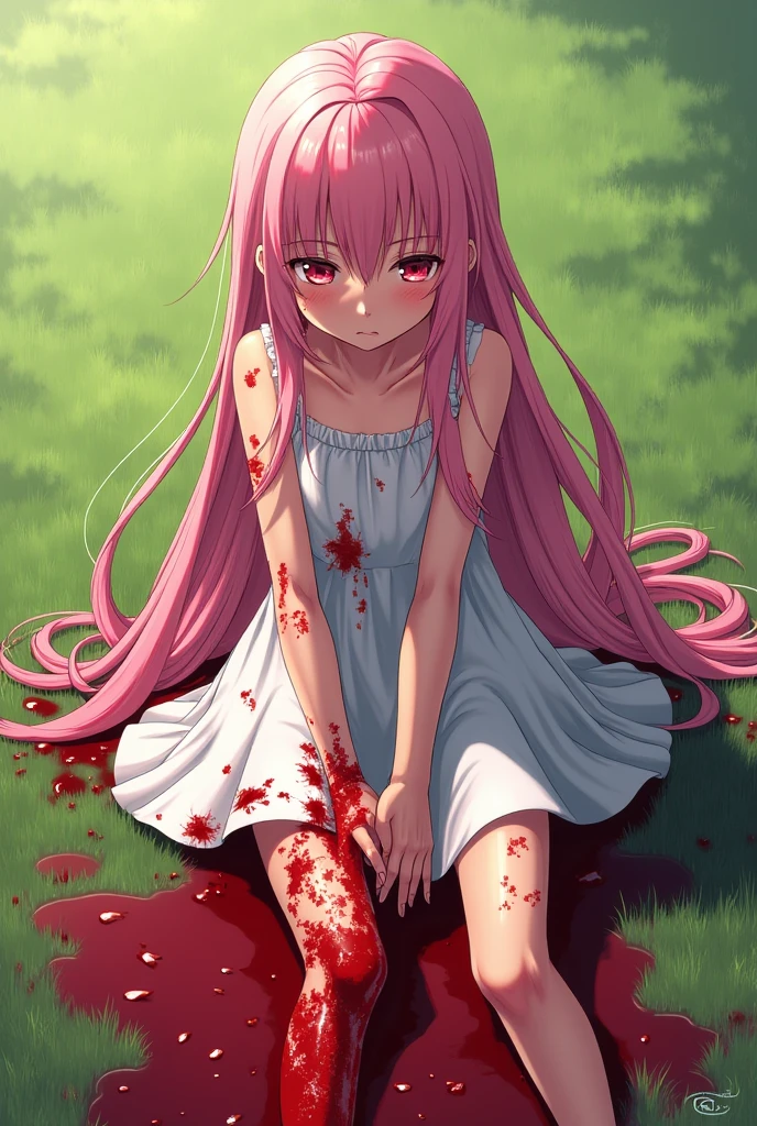 Pretty girl with pink hair,with hair dishevelled,hair messy,White light dress,Bare legged,Barefoot,Sick,Be covered in blood,Kitchen knife in hand,Covered in scars,murderer,Maniac,The pupil does not have highlights,Blood-colored pupils,Perverted,Sick,crazy,sneering,Rivers of blood,corpses everywhere,big laughter