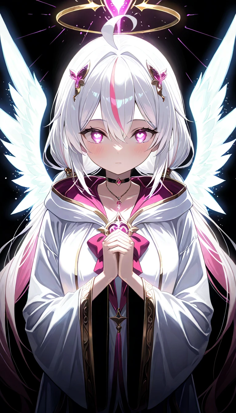 1girl, adult, upper body, from front, expressionless, sharp gaze, closed mouth, looking ahead, (white hair:1.2), long hair, multicolored hair, (pink hair:0.9), white wings, pink eyes, symbol-shaped pupils, hair ornament, choker, bangs, hair between eyes, heart-shaped pupils, blush, ahoge, bow hair, low twintails, very long hair, long sleeves, necklace, low twintails, pink streaked hair, robe, white robe, hood, halo, black background, volumetric lighting, backlighting, shiny hair, ((praying hands)), standing, masterpiece, best quality, very aesthetic, absurdres, newest, Laser light clothes, neon light wings, glowing eyes