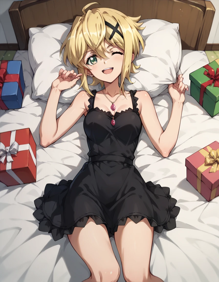 kirika akatsuki,black dress,wink,present,present pink pendant,in the bed