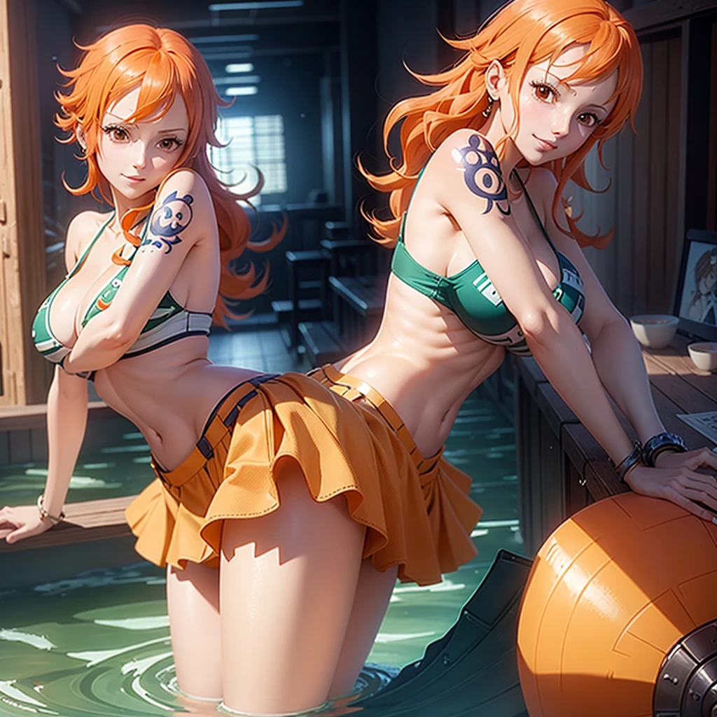  Extremely detailed 8k unit CG wallpaper,  best quality , ultradetailed, masterpiece, realistic,  realistic photo , ( skirt raised), (( skirt raised by myself)), white panties , panty focus, Blush,  parted lips,  looking at the viewer  , half body , wearing an off-the-shoulder blouse, (Nami One Piece),  Long orange hair , Blushing, smile, beautiful face, I have a tattoo of Nami on my left shoulder ,  showing her big ass to the viewer ,  Get on all fours with your big ass out while standing towards the observer,