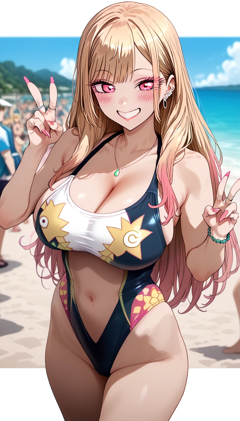 KJOmarin, blonde hair, long hair, pink eyes, earrings, ear piercing, multicolored hair, score_9, score_8_up, score_7_up, source_anime, masterpiece,best quality, huge breasts, flash gyaru, cut out swimsuit, smile, cogal, peace pose, beach, crowd, day, blurry backgrounds, smile, blush,  navel, Waist, 