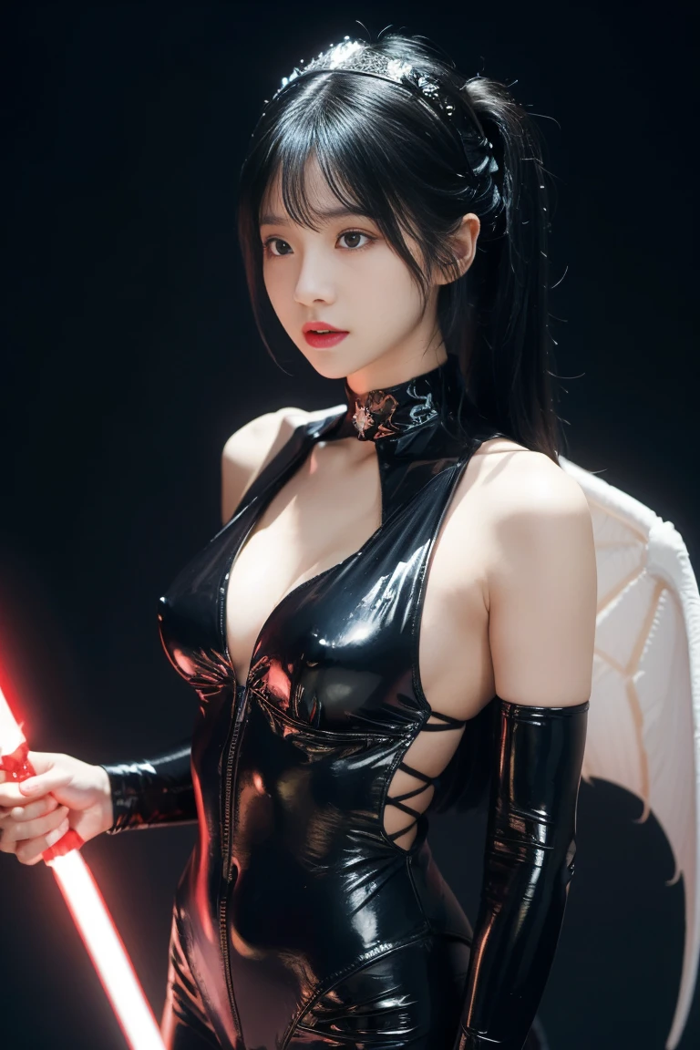 Show Janna in her Odyssey skin from League of Legends by Riot Games, dressed in a futuristic, space-themed outfit with neon accents and a glowing staff, have massive k-cups, in a vibrant, outer space setting with colorful nebulas and floating asteroids.