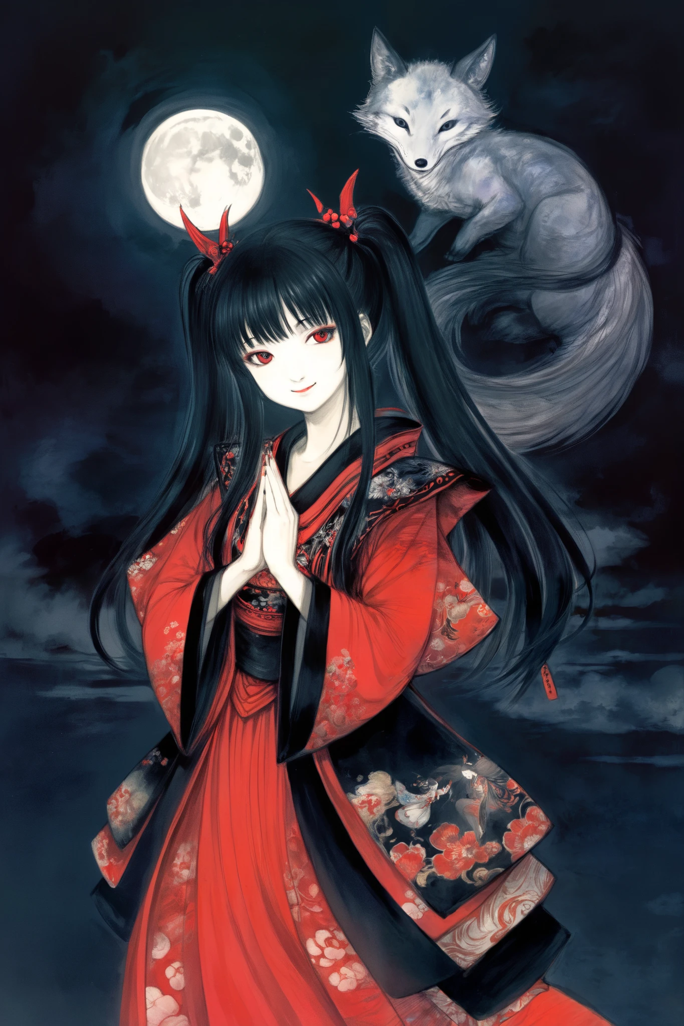 by Yoshitaka Amano, (Broad lighting), low key lighting , Picturesque, fantasy( fantasy art , (Yoshitaka Amano)), (Full-length portrait of a woman, moak, black twin-tail hair, smile, red eyeshadow), Mysterious Tower, The god of foxes, (Black Shrine Maiden Clothes , Red accents), night, Red Moon, Masterpiece, prayer