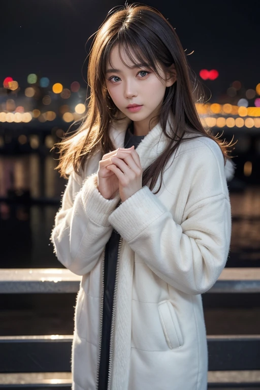 winter, urban area, Tokyo, gorgeous cityscape, amid the crowd, city shines with christmas illuminations, dressed in fluffy warm fashion, heart is pounding with tension, blushing, medium length hair, pale blue and silver hair, hair fluttering in the wind, beautiful white-colored translucent skin, slendar figure, adult sexiness, alluring, glossy face, shooting from above, cold and shivering, breathing onto own hands, {realistic}, {cinematic}, {photogenic}