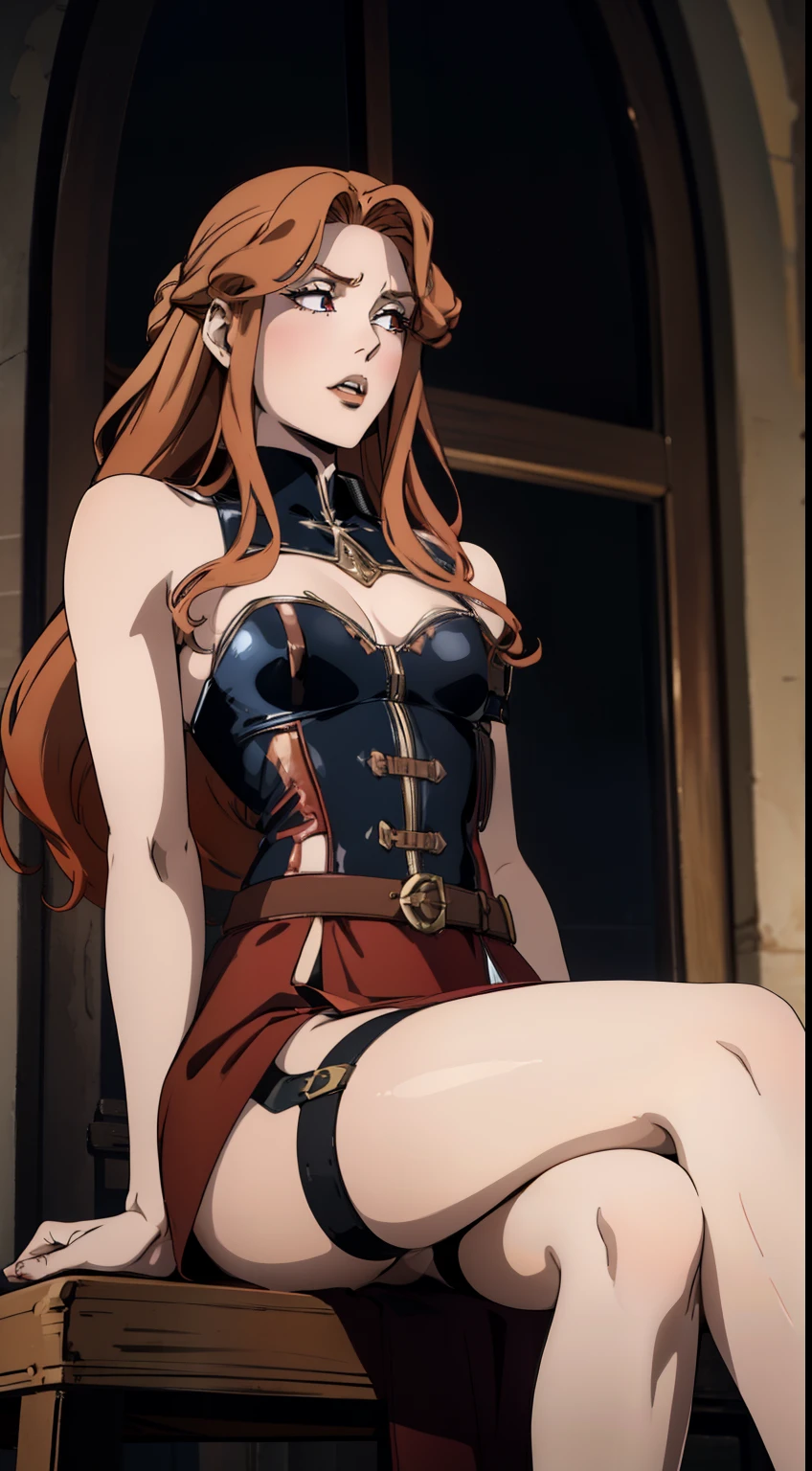 ((foto de corpo inteiro)), ((foto realista)), 1 girl, (colete: 1.2), 8k, high-res, pele finamente detalhada, lingerie, seios enormes, lenore from castlevania, vampire, red hair, skirt, sitting, toned legs, heels, dominant, low angle, upskirt, athletic, skinny, toned, smaller body, thin waist, from below, crossed legs, highly detailed realisticly proportioned legs, toned legs