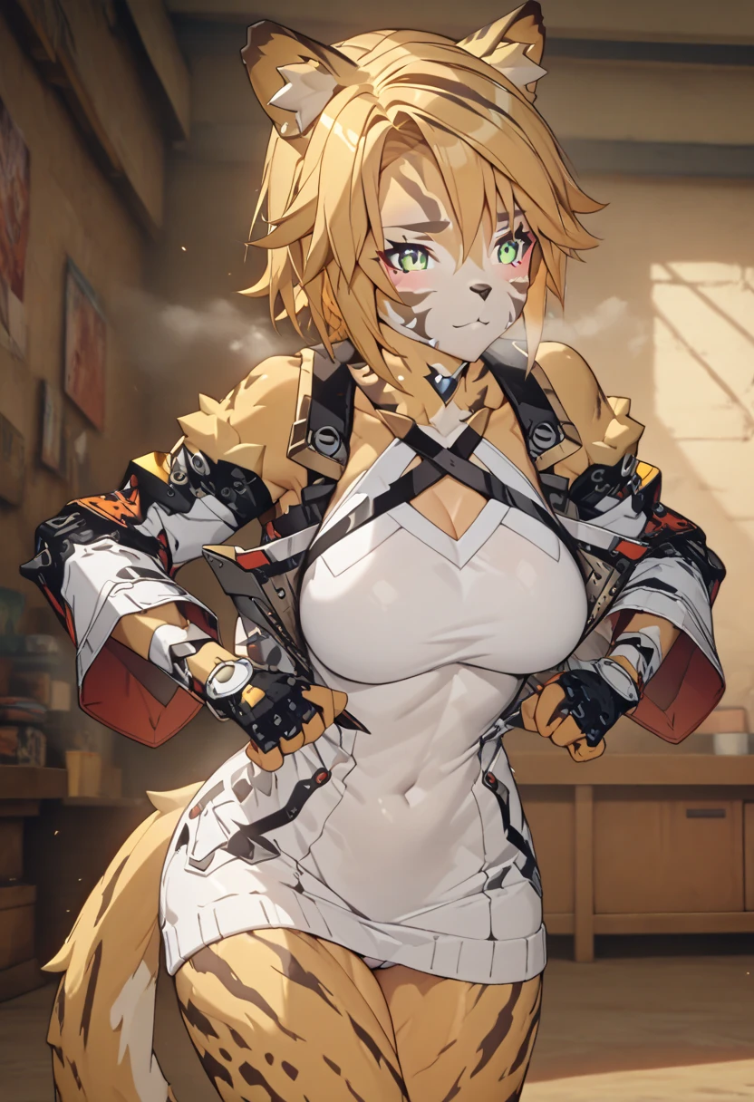 masterpiece,best quality,high resolution,8k,Ultra HD,wallpaper,illustration,perfect face,cowboy shot,beautiful detailed eyes,extremely detailed face,perfect lighting,extremely detailed CG,perfect anatomy,perfect body,perfect thick,perfect hands,perfect fingers,1woman,full body,,muscle fighter body,(blonde half up short hair),light green eyes,large breasts,medium ass,medium nipples,(white sexy long sweater dress),thong, furry clothed,,collarbone,,(),,Steam,sweat,in the room,(Zenless Zone Zero character Pulchra),(blonde cheetah furry female:1.1), cheetah ears,single cheetahtail from coccyx,adult,,blush face,looking forward,cameltoe,