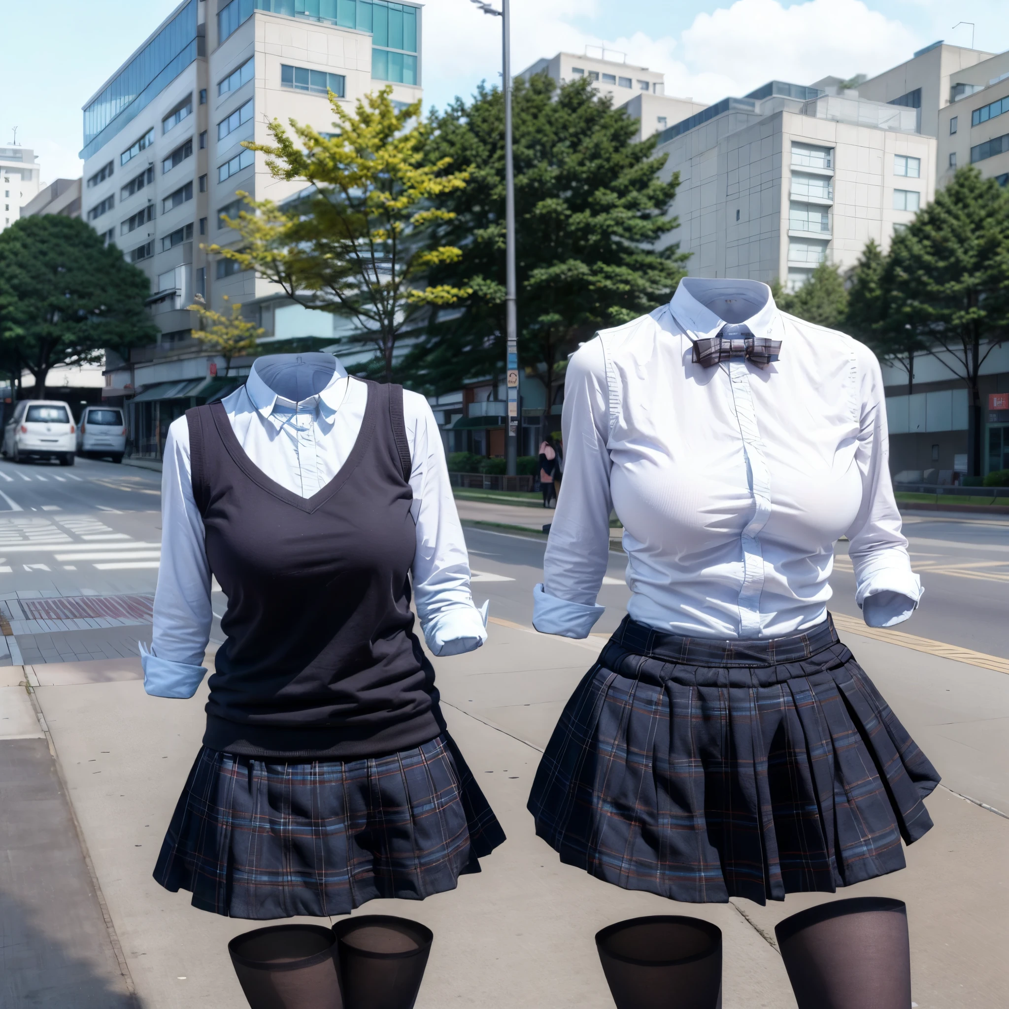 (chubby, fat), (two girls love each other), long sleeve, white shirts, black tights, blue stripe tie, dark grey skirt, school tie, (cute pose), (invisible, no humans, headless, faceless:1.5), (cute big breasts), (close-up shot of breasts), (8k, RAW photo, best quality, masterpiece:1.2), (realistic, photo-realistic:1.37), photon mapping, radiosity, ((Hasselblad photography)), physically-based rendering