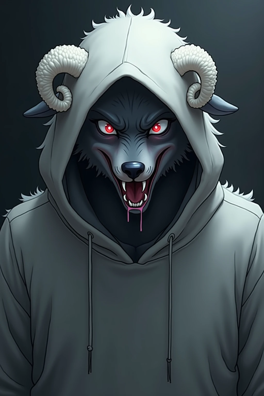 anime, realism,Werewolf,tooth,Saliva,(( wearing a hoodie that imitates a white sheep, Sheep's ear,round white ears ))