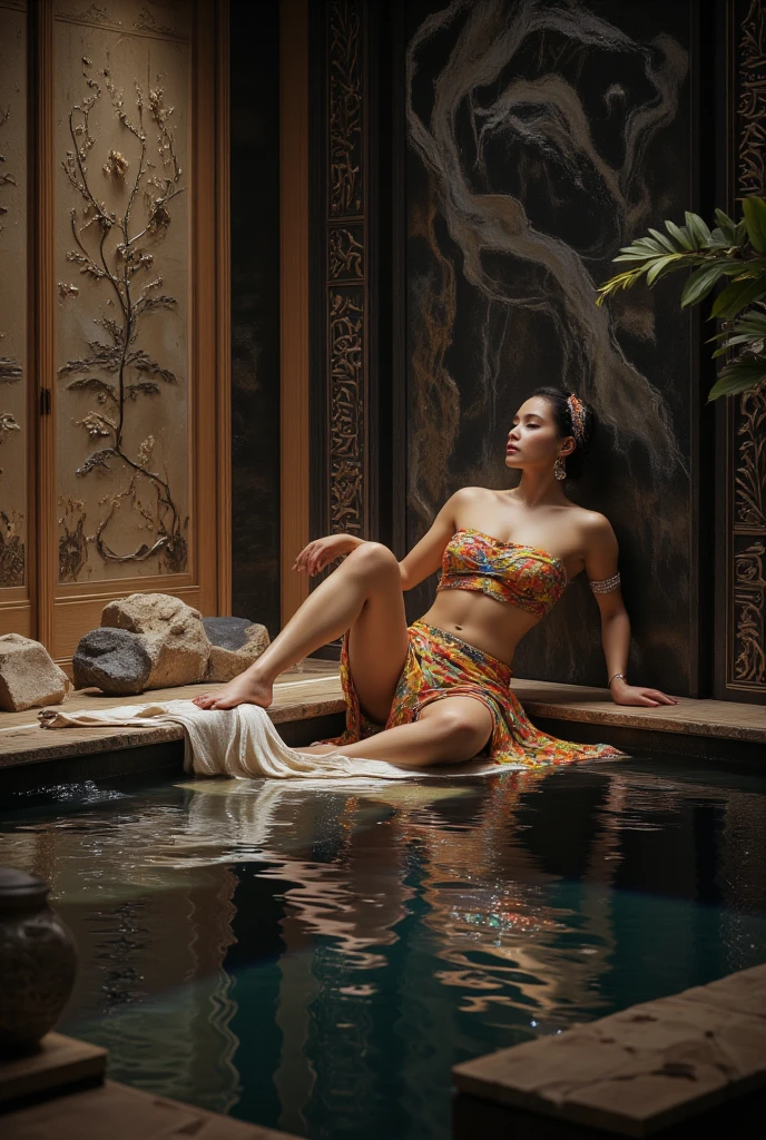 A Thai woman is wearing a tube top and a towel, sitting in the water with her knees bent and one leg stretched forward in an onsen room. The walls of the onsen room are in the style of ancient Japanese art.