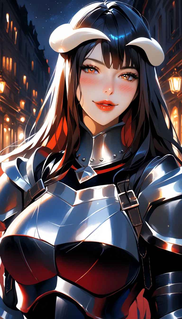 score_9, score_8_up, score_7_up, score_6_up, score_5_up, score_4_up, Albedo overlord, medieval armor , beautiful,bangs , white horns,  red lips , open lips, expose her fang, blushing cheeks,    at night,  , darkness street background, high long shot,  huge breasts, , black hairs, very long hairs ,  , look at viewer,   Hot sexy beautiful milf, 