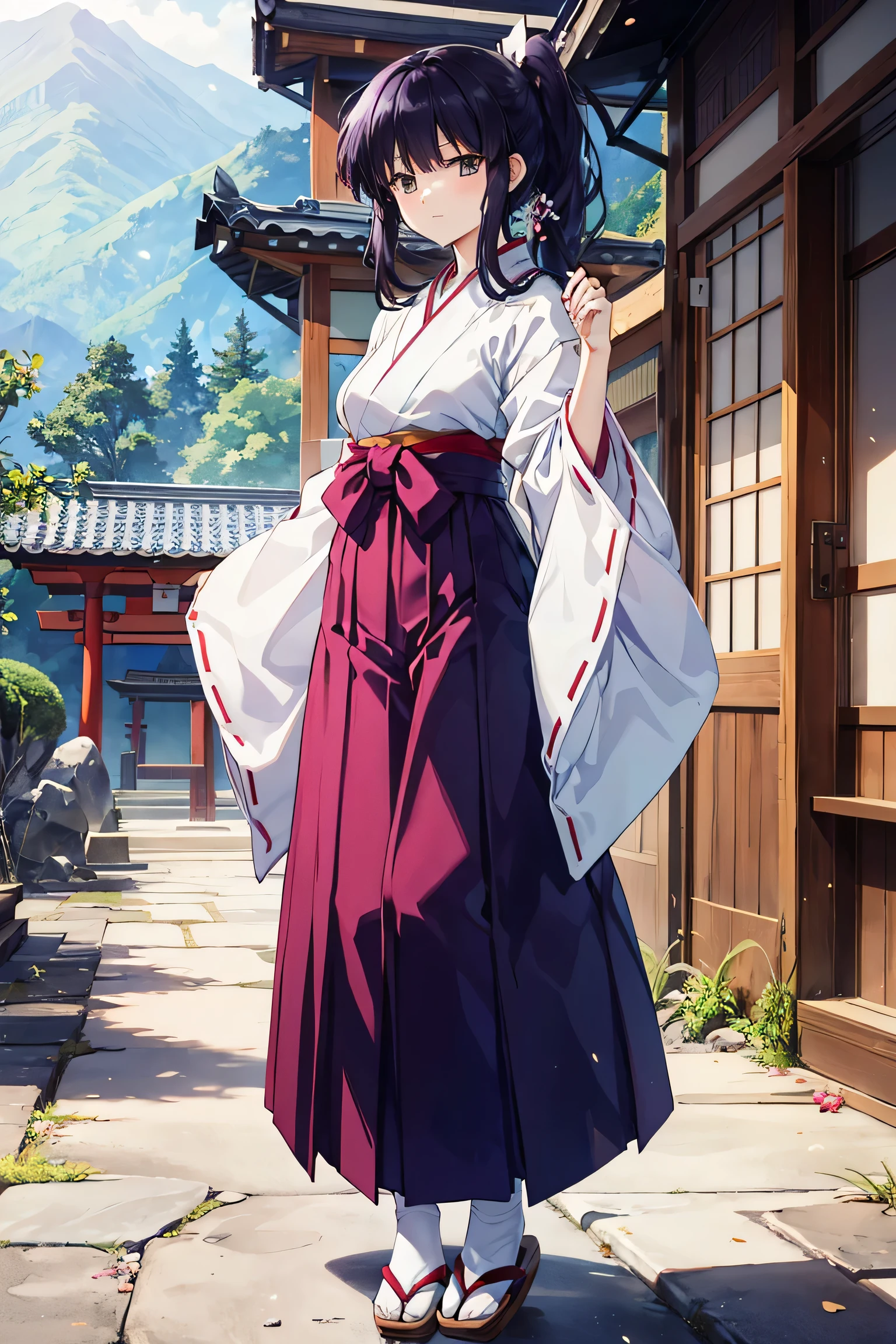  adult woman, 30-year-old woman, Long hair、 tall and beautiful, Shrine maiden,  kimono,  white and purple hakama ,  Long Sleeve , whole body, Wide sleeve,  purple hakama skirt, Ponytail,  Warring States period, Japan Pavilion 、 Black Hair ,  standing, full body, Clear daytime, An old Japanese village , Clothes are purple 