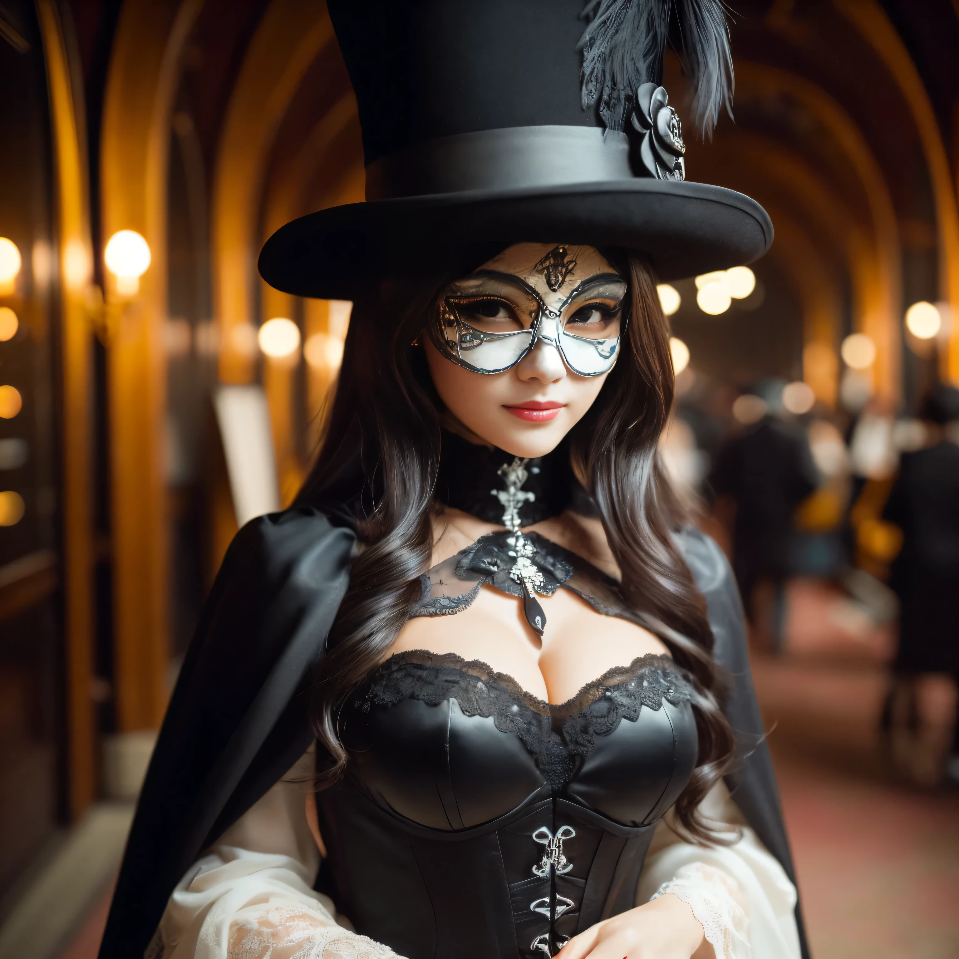 (( top quality、masterpiece、8K、 top image quality、 Very intricate and detailed details ))、(1 female thief :1.1)、( perfect phantom thief costume :1.2)、 long wavy hair、( accurate black top hat :1.2)、( Detailed black mask for a masquerade :1.5)、( Perfect and detailed black Venetian mask :1.5)、( wide pure black cape :1.1)、( pure black corset :1.1)、Flesh-colored skin、 outside the museum at night 、( warm lighting at night :1.1)、 medieval European atmosphere 、( The background is a huge and luxurious European museum:1.1)、( The picture above shows female breasts :1.2)、 look at me with a cold smile 