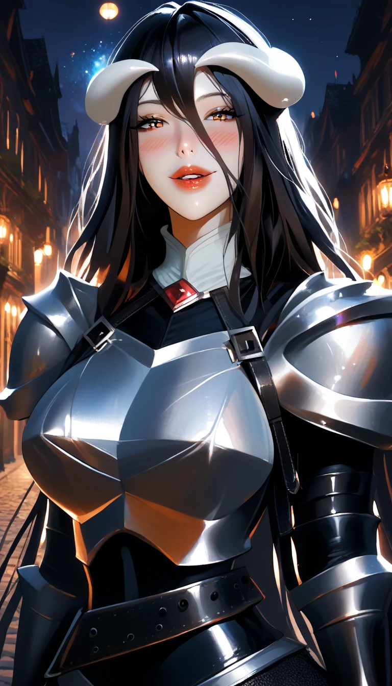 score_9, score_8_up, score_7_up, score_6_up, score_5_up, score_4_up, Albedo overlord, medieval armor , beautiful,bangs , white horns,  red lips , open lips, expose her fang, blushing cheeks,    at night,  , darkness street background, high long shot,  huge breasts, , black hairs, very long hairs ,  , look at viewer,   Hot sexy beautiful milf, 