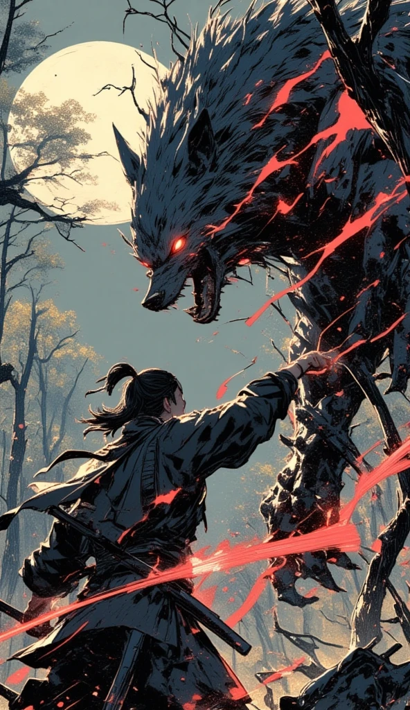 A samurai with a katana fights a giant werewolf in the forest. The giant werewolf is a few times bigger than the samurai. The samurai's back is facing the viewer, while the giant werewolf can be seen jumping high in the air above the samurai, with its claws swiping down. The glaring red trail of its claws slashes are visible. Some trees have claw marks and are chopped down from the fight. Up in the sky, the full moon shines brightly from afar. 