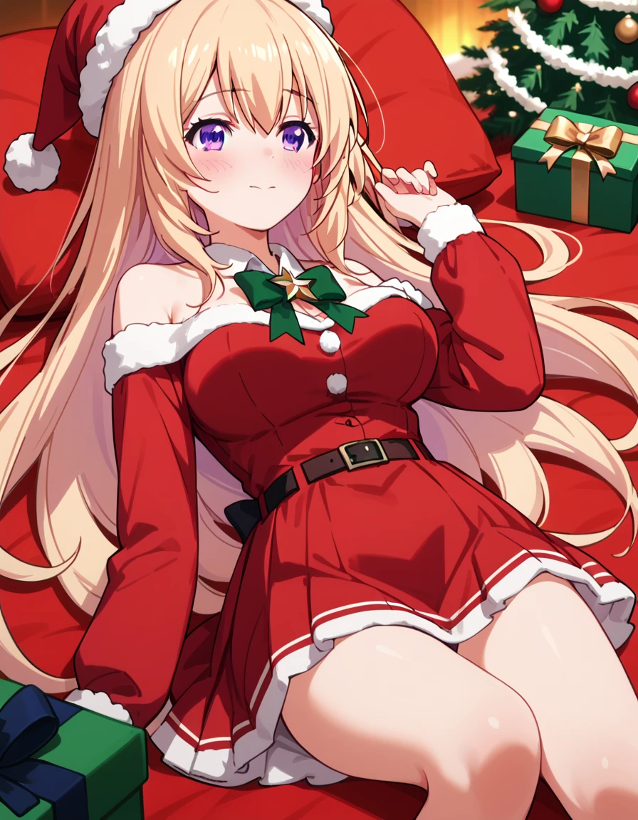 best quality, high resolution, 8k, alone, (((blush:2))), (Ichinose honami, long hair, blonde hair, purple eyes, hair between eyes, large breasts), happy smile, christmas dress, christmas hat, mini skirt, christmas background, christmas dinner, christmas prsent, off shoulder, lying on bed, on back, panty shot, white panties, knees to chest