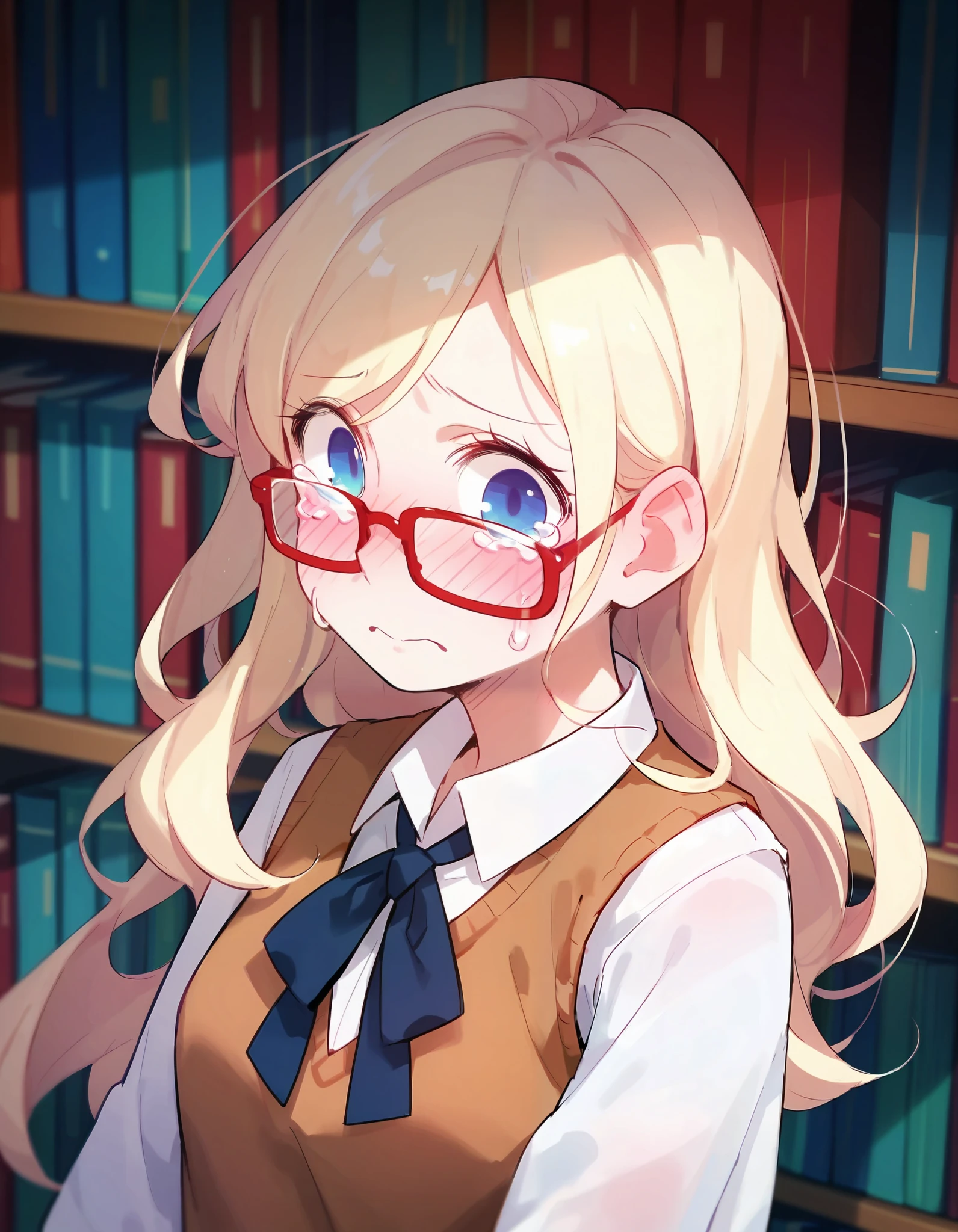 score_9,score_8_up,score_7_up, masterpiece,ultra-detailed CG illustration,top quality, best quality, 1girl,solo,blonde,blue eyes,sidelocks, long hair,red-framed eyewear, library, sweater vest, wavy eyes, tears,blush
