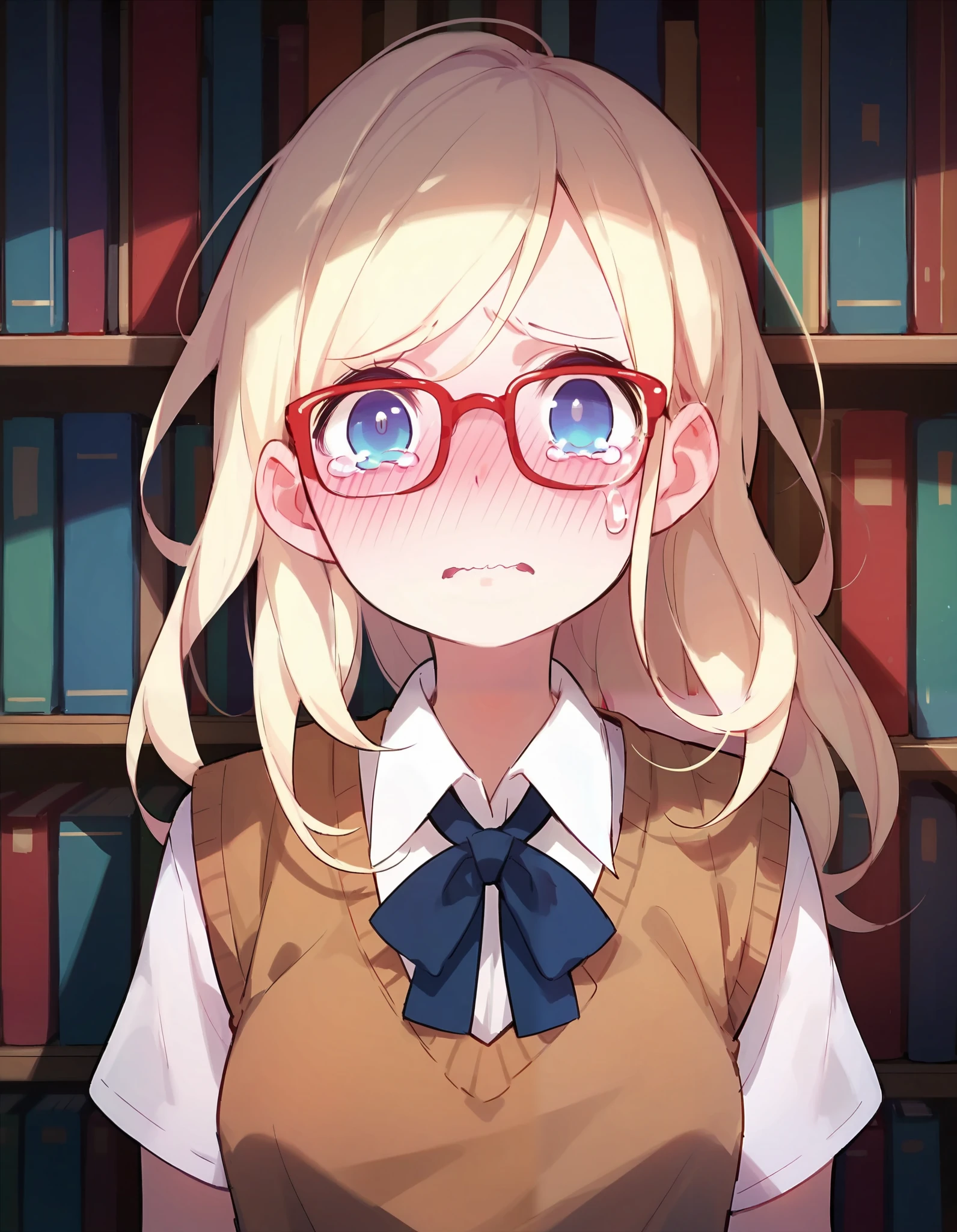 score_9,score_8_up,score_7_up, masterpiece,ultra-detailed CG illustration,top quality, best quality, 1girl,solo,blonde,blue eyes,sidelocks, long hair,red-framed eyewear, library, sweater vest, wavy eyes, tears,blush
