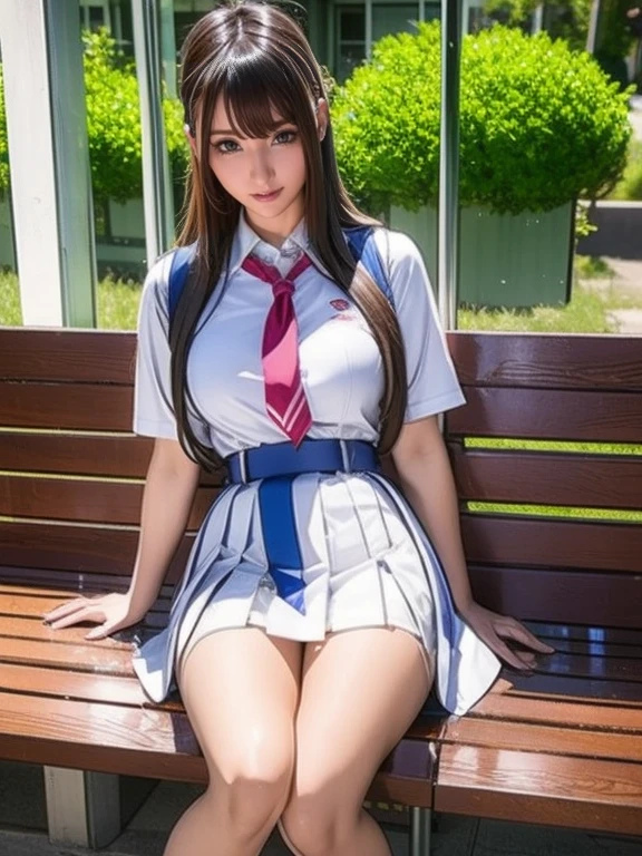  a blue Asian woman in a white uniform posing on a bench,  Japanese high school girl uniform ,  japanese school uniform,  japanese school uniformを着ている,  the principal is wearing a uniform  , 超  REAL SCHOOLGIRLS  , a hyper  REAL SCHOOLGIRLS  ,  in a strict school uniform  , Puella Magi uniform ,  girl in uniform  ,  REAL SCHOOLGIRLS  , Seifuku,  realistic young gravure idol 
