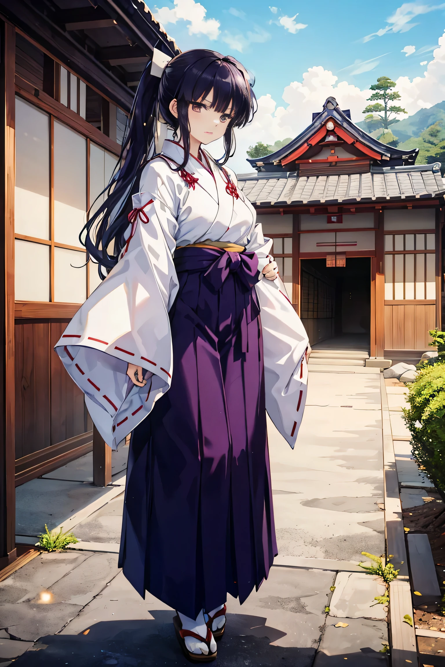  adult woman, 30-year-old woman, Long hair、 tall and beautiful, Shrine maiden,  kimono,  white and purple hakama ,  Long Sleeve , whole body, Wide sleeve,  purple hakama skirt, Ponytail,  Warring States period, Japan Pavilion 、 Black Hair ,  standing, full body, Clear daytime, An old Japanese village , Clothes are purple 