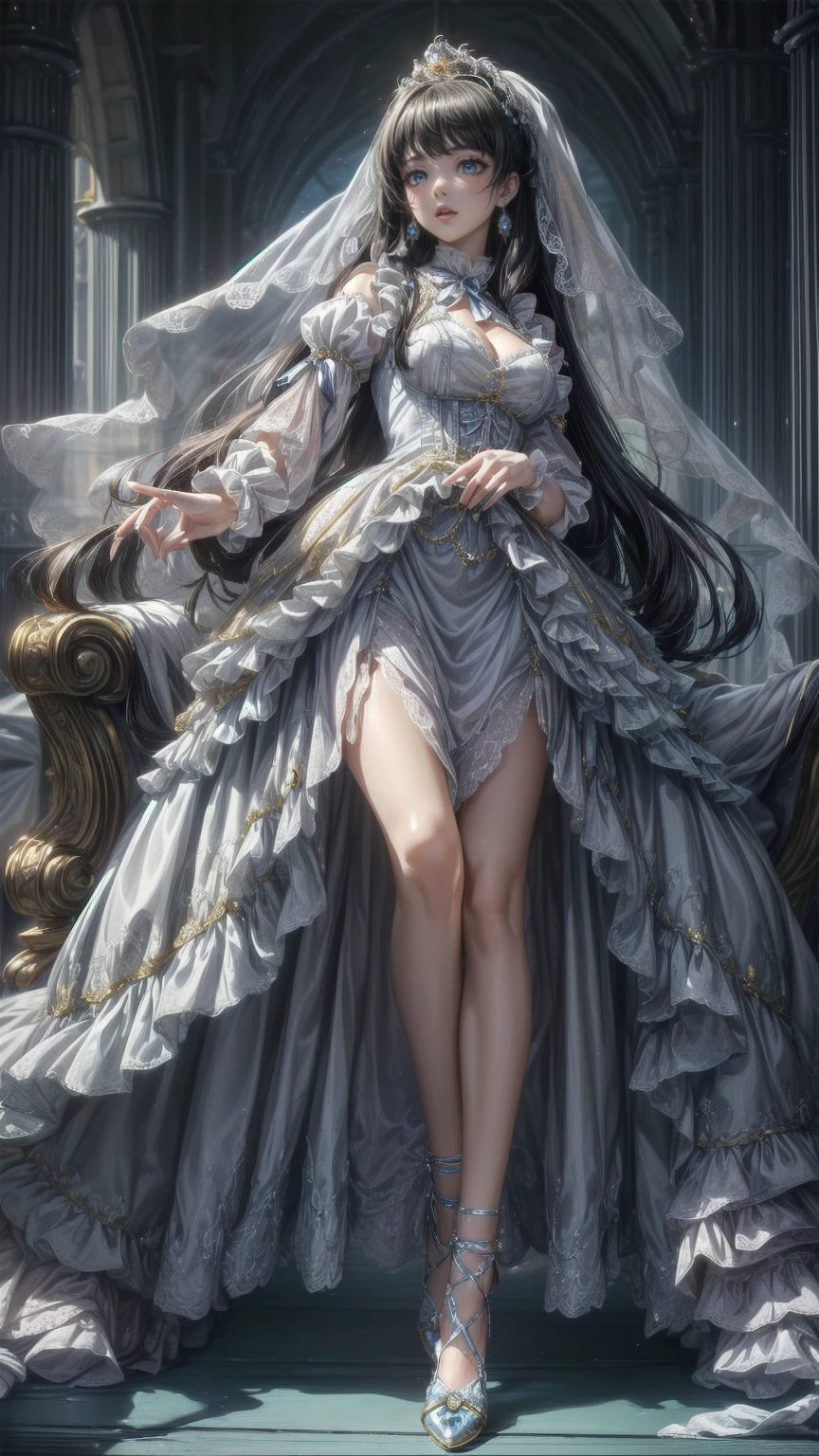 ( super detailed), ( top quality), ( high definition ),  1 girl, (((1 princess in Gorgeous princess rococo victorian gown with voluminous hoop skirt ))),  a very rococo royal princess gown with beautiful embroidery and very rococo jewels  , Gorgeous embroidery and beautiful lace,  sheer lace ,  huge breasts,  super detailedな肌, (((  Solo Youngface Princess standing in a palace  ))), Luxurious Ruffle Gown  ,  Blake's fluffy shiny hair , (( super voluminous long hair )), Curly Hair, (((  asymmetric bang to spread your legs ))), Beautiful jeweled tiara,  Crystal Earrings,  beautiful eyes , Faint lips,  delicate and beautiful face like a prostitute,  detailed face and eyes , Long veil, ((( anatomically accurate hands))),  skinning , Blake standing at Blake Palace  , Front View,  viewers who stop at the edge,  full body portrait , ( depth of field),  caustics ,  cinematic lighting , ( Moe anime art style :1.3), ( beautiful background), ((Gorgeous princess rococo victorian gown with voluminous hoop skirt )),
