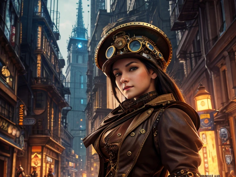 There's a woman in a top hat and a man in a suit, mega cidade steampunk vitoriana, steampunk era, Inspirado Sci Vitoriano - Fi, Mundo Steampunk, arte digital steampunk, Steampunk Fiction, clockwork woman, Menina nova em roupas steampunk, steampunk indsutrial, em uma cidade distopia steampunk, Vista vitoriana da cidade steampunk, menina steampunk, fantasia steampunk, usando trajes steampunk
