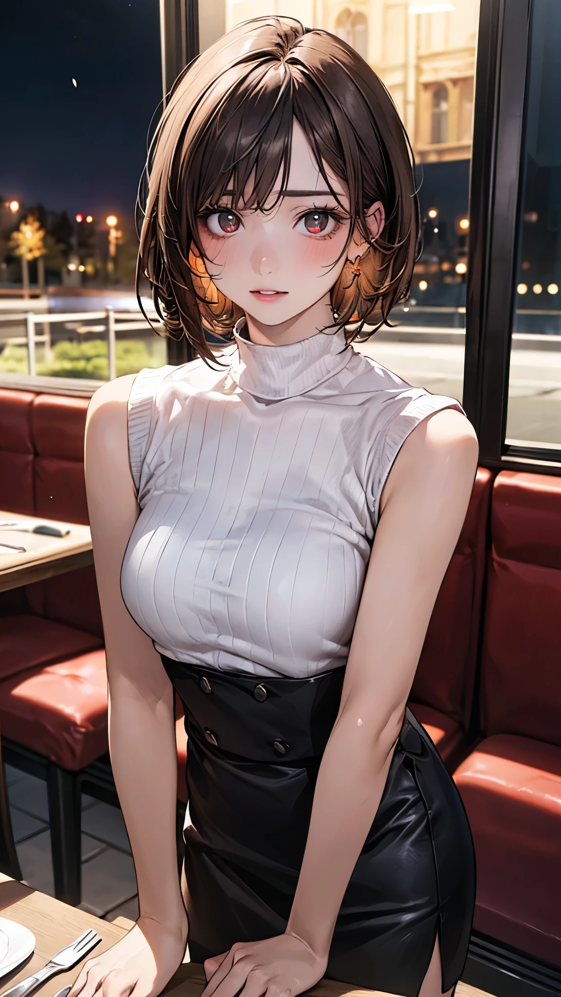 (masterpiece:1.2, top-quality), (realistic, photorealistic:1.4), beautiful illustration, (natural side lighting, movie lighting),
looking at viewer, full body, front view:0.6, 1 girl, japanese, office worker, reception, perfect face, cute and symmetrical face, suntan, shiny skin,
(short hair, half updo, brown hair), swept bangs, light brown eyes, long eye lasher, (medium breasts), slender,
beautiful hair, beautiful face, beautiful detailed eyes, beautiful clavicle, beautiful body, beautiful chest, beautiful thigh, beautiful legs, beautiful fingers,
(sleeveless high neck white tops), (light purple pleated skirt), earrings, red hair ribbon,
(beautiful scenery), big break, (modern café indoors), cityscape of windows, (sitting), (lovely smile),