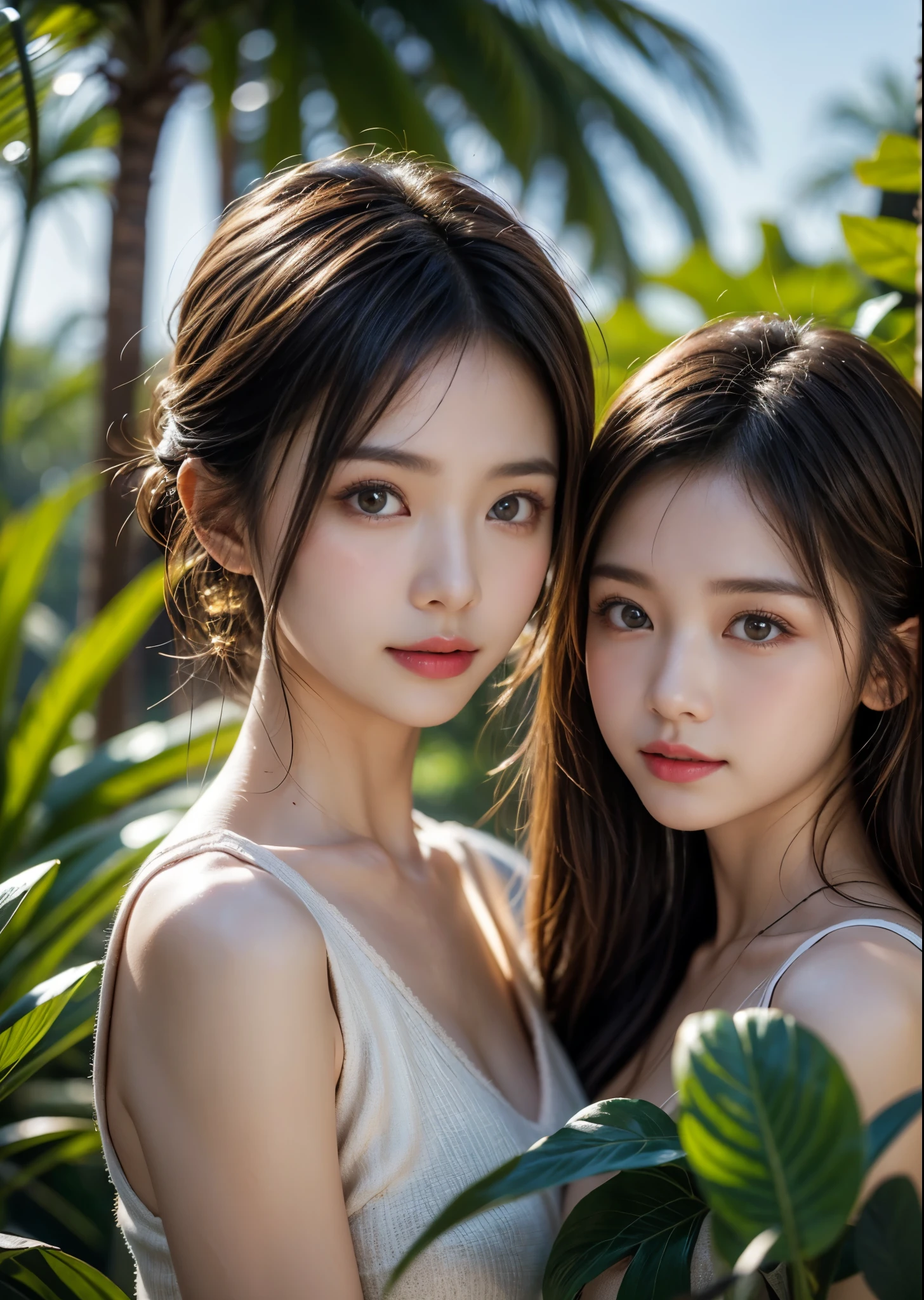 (2 girls:1.3), ((highest quality)), (super detailed), (very detailed CG 統合 8k 壁紙), very detailed, High-definition RAW color photo, professional photography, brown hair, wonderful face and eyes, pink eyes, (amazingly beautiful girl), hot spring, hot spring, forest, forest bathing,
