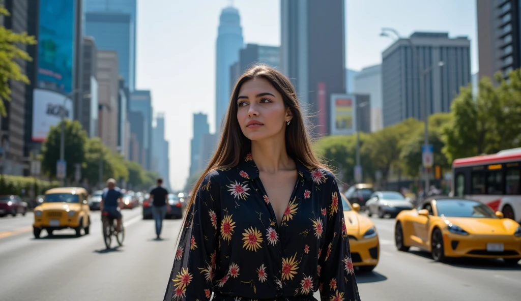 "((Ultra-realistic with very high detail)) A 19-year-old Indonesian woman with a beautiful face and fair skin, wearing a black batik outfit, looking around with a look of awe. The batik clothes are torn and worn, showing signs of wear and tear, symbolizing a contrast between beauty and hardship. She is walking down a busy city street in the middle of a bustling Indonesian metropolis. The scene is set on a bright, sunny afternoon with clear skies, and the surrounding area is filled with modern skyscrapers and heavy traffic, typical of a big city like Jakarta. The woman is seen walking in the foreground, with a wide-angle shot that captures the vibrancy and urban complexity of the city. The atmosphere is dynamic and full of life, with a realistic depiction of a crowded, urban environment. The lighting is soft and natural, with sunlight casting shadows on the street and the woman's face. The street is lined with cars, buses, and pedestrians, and the background shows modern buildings and billboards, creating a sharp contrast with the woman's worn appearance. This wide-angle shot should include high levels of detail on the clothing texture, city environment, and the realistic play of light and shadows. ((HDR, highly detailed, 8K resolution, professional photography, soft natural lighting))"