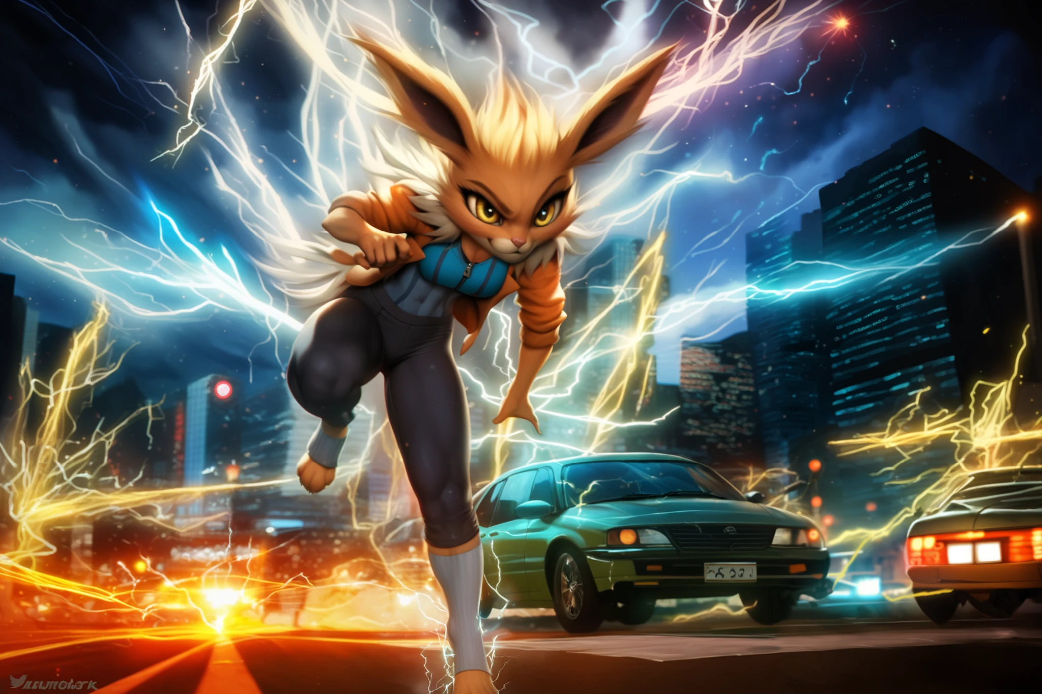 [Char1=" anthro female joltron, slim, young, running fast,  tight pants, orange jacket, yellow eyes, perfect eyes, detailed, detailed eyes, paw feet, bare paw_toes:1.2, electricity, electric fur, cute, 5 fingers hand"] char1 is running in a trafic road, night city, vivid colors, a lot of sparks, lightning, thunders, sparks, realistic auto, light dash effect, motion blur, dinamic, 4k,8k, deep of view, perfect prospective, professional illustration, boken, superb, breathtaking, by pixelsketcher:0.1, by hioshiru:0.2,