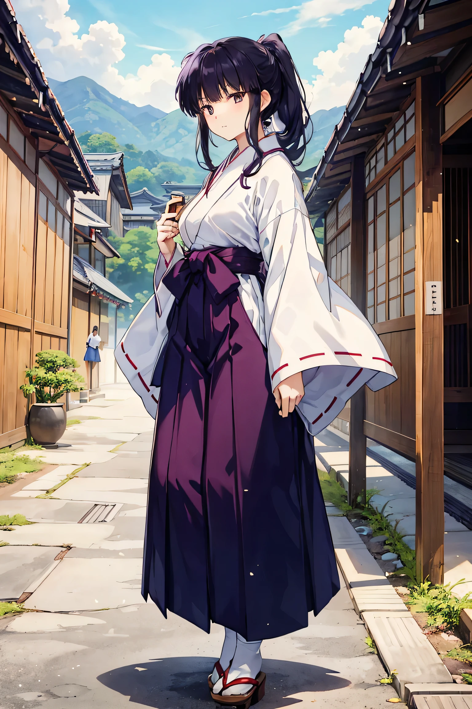  adult woman, 30-year-old woman, Long hair、 tall and beautiful, Shrine maiden,  kimono,  white and purple hakama ,  Long Sleeve , whole body, Wide sleeve,  purple hakama skirt, Ponytail,  Warring States period, Japan Pavilion 、 Black Hair ,  standing, full body, Clear daytime, An old Japanese village , Clothes are purple 