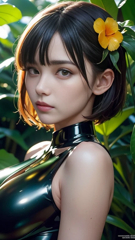 （A high resolution，high lighting，4K），Long face，1girll，the face，Detail of the face，tropical garden，short detailed hair ,medium long shot ,The sun at noon，huge tit)，looking at viewers，Black latex clothes，Keep one's mouth shut