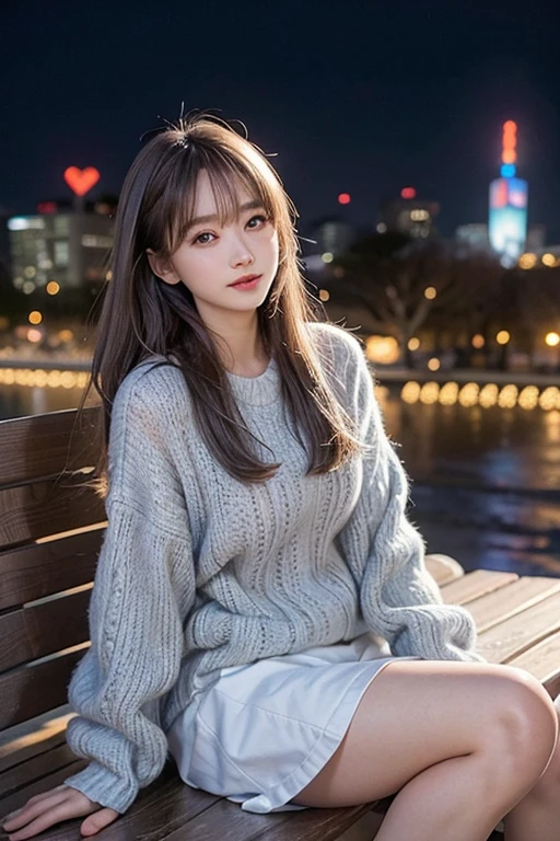 winter, urban area, Tokyo, gorgeous cityscape, amid the crowd, city shines with christmas illuminations, dressed in fluffy warm fashion, heart is pounding with tension, a shy smile, blushing, medium length hair, pale blue and silver hair, hair fluttering in the wind, beautiful white-colored translucent skin, tall slendar figure, adult sexiness, alluring, glossy face, shooting from above, cold and shivering, sitting on a wooden bench, {realistic}, {cinematic}, {photogenic}