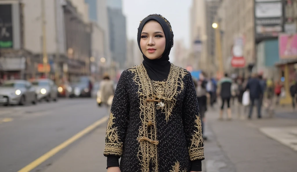 "((Ultra-realistic with very high detail)) A 19-year-old Indonesian woman with a beautiful face and fair skin, wearing a black batik outfit, looking around with a look of awe. The batik clothes are torn and worn, showing signs of wear and tear, symbolizing a contrast between beauty and hardship. She is walking down a busy city street in the middle of a bustling Indonesian metropolis. The scene is set on a bright, sunny afternoon with clear skies, and the surrounding area is filled with modern skyscrapers and heavy traffic, typical of a big city like Jakarta. The woman is seen walking in the foreground, with a wide-angle shot that captures the vibrancy and urban complexity of the city. The atmosphere is dynamic and full of life, with a realistic depiction of a crowded, urban environment. The lighting is soft and natural, with sunlight casting shadows on the street and the woman's face. The street is lined with cars, buses, and pedestrians, and the background shows modern buildings and billboards, creating a sharp contrast with the woman's worn appearance. This wide-angle shot should include high levels of detail on the clothing texture, city environment, and the realistic play of light and shadows. ((HDR, highly detailed, 8K resolution, professional photography, soft natural lighting))"