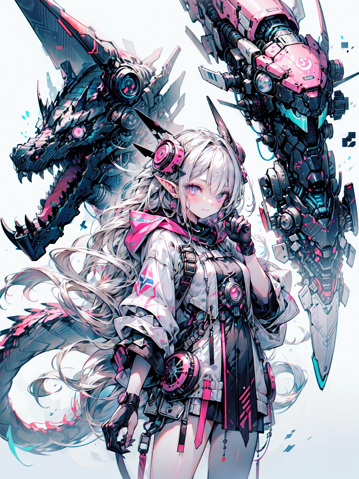 Anime style girl, Dressed in traditional costume of the Japan、A samurai carrying a sword on his back, Standing against a white space. She has short hair, Wear a skirt over long pants, Light grey shirt, black tights, Brown shoes, Put the bag on your shoulder, Cute face, Manga Character Design, Full body portrait, Simple flat color background. Blake、（Dark Elf), (1 Girl), alone, Perfect Face, Get used to it, Ahoge, ((Long Hair:1.2)),[[Messy Hair]], Shiny blonde white hair, Purple eyes, Variegated eyes, Colorful Hair, Shining Eyes, (eyelash, eye shadow, pink eye shadow), bright, smile, Design Art：haruhiko mikimoto, by Kawashi, By Yoshitaka Amano