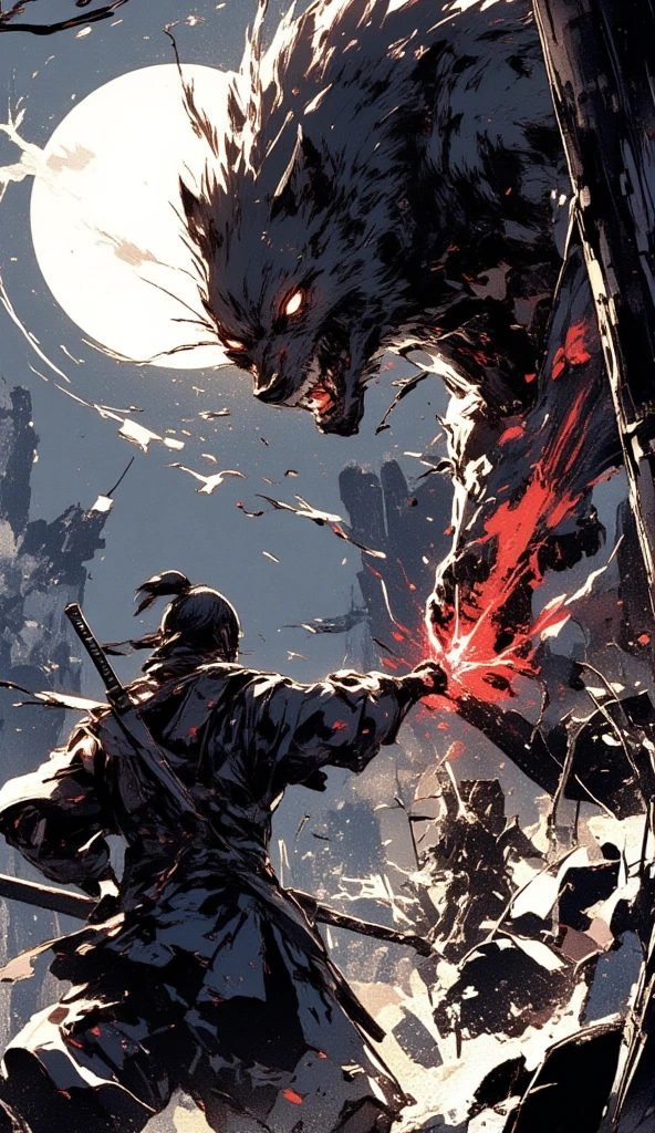 A samurai with a katana fights a giant werewolf in the forest. The giant werewolf is a few times bigger than the samurai. The samurai's back is facing the viewer, while the giant werewolf can be seen jumping high in the air above the samurai, with its claws swiping down. The glaring red trail of its claws slashes are visible. Some trees have claw marks and are chopped down from the fight. Up in the sky, the full moon shines brightly from afar. 