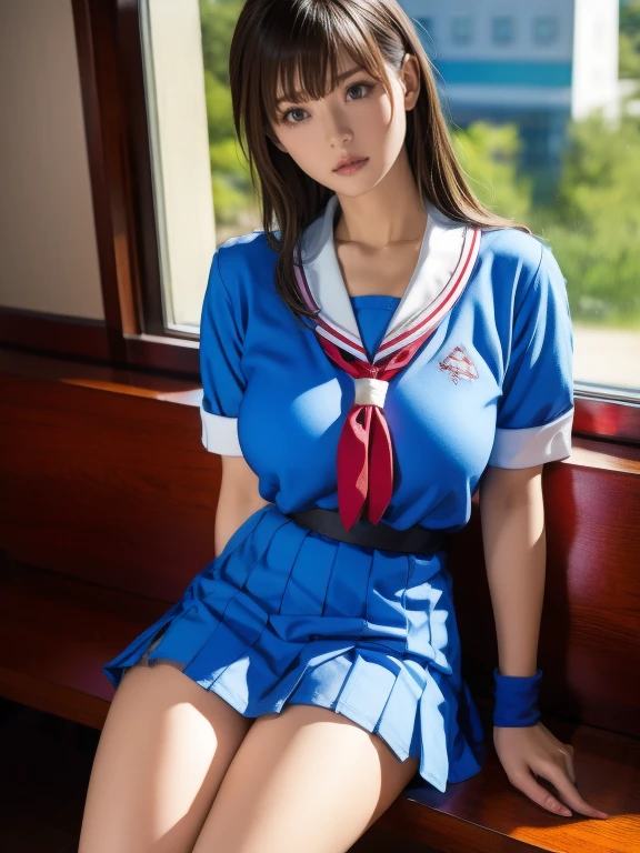  a blue Asian woman in a white uniform posing on a bench,  Japanese high school girl uniform ,  japanese school uniform,  japanese school uniformを着ている,  the principal is wearing a uniform  , 超  REAL SCHOOLGIRLS  , a hyper  REAL SCHOOLGIRLS  ,  in a strict school uniform  , Puella Magi uniform ,  girl in uniform  ,  REAL SCHOOLGIRLS  , Seifuku,  realistic young gravure idol 
