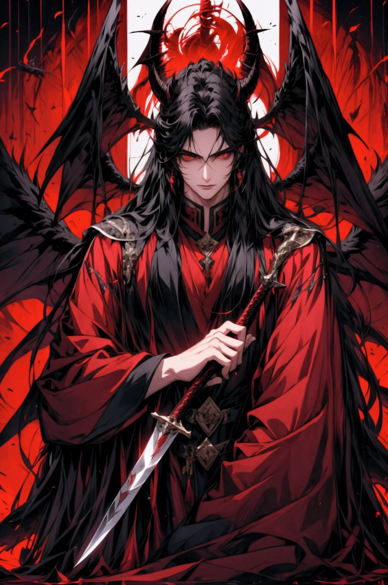  long hair, Affectionate gaze , pure love, Straight hair, Black hair, Red eye, horn, Devil Wings,  multiple wings, Muscular, knife, uniform, cloak, male